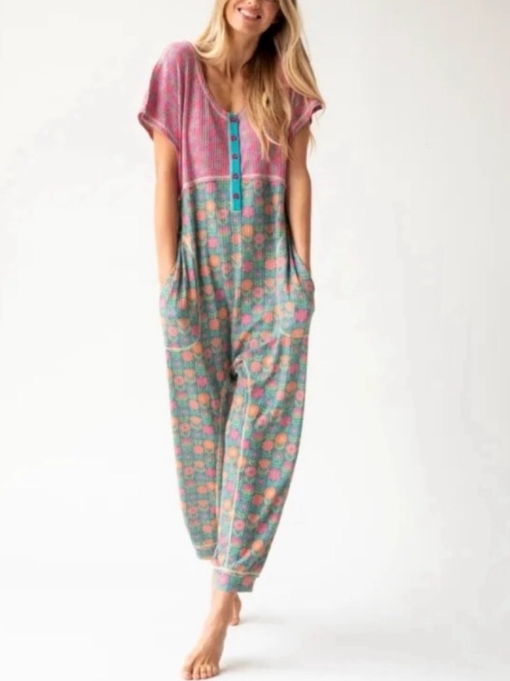 Natural Life Floral Oversized Lounge Onesie Jumpsuit Pockets XL - Picture 8 of 8